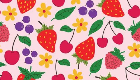 Fruits seamless pattern with different summer fruits, strawberry, raspberry,  Illustrazione stock