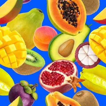 Fruits seamless pattern. Falling exotic fruits isolated on blue background... Stock Photos