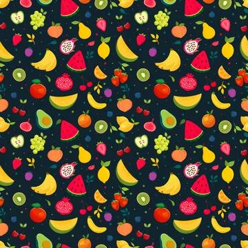 Fruits, seamless pattern, lemons, bananas, strawberries Stock Illustration