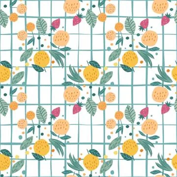 Fruits seamless pattern on stripe background. Funny sweet garden fruits on wh Stock Illustration