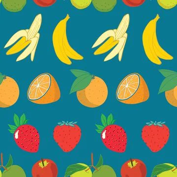 Fruits seamless vector pattern, apple, banana, orange, and strawberry on blue Stock Illustration