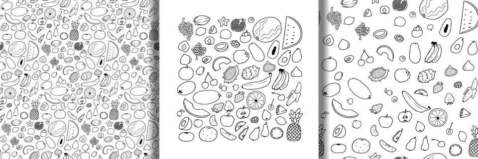 Fruits set and seamless patterns. Vegetarian doodle collection Stock Illustration