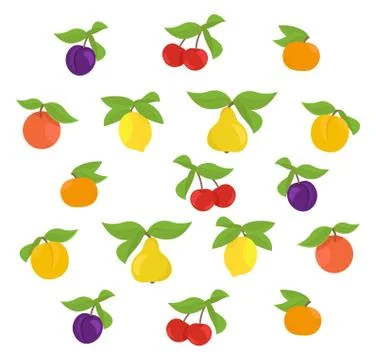 Fruits set background. Apple, peach and lemon mandarin pear. Cherry and plum Stock Illustration