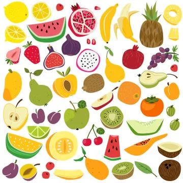 Fruits set. Cute fruit lemon watermelon banana pineapple apple pear strawberry Stock Illustration