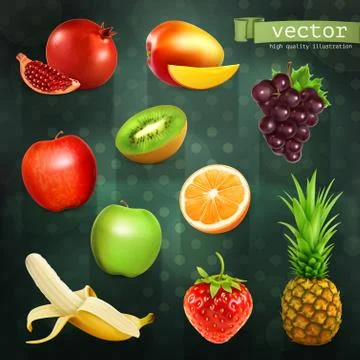 Fruits, set of vector illustrations on dark background Stock Illustration