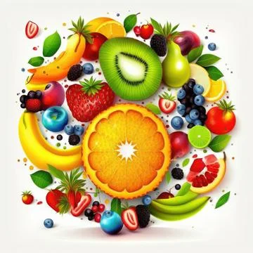 Fruits set, white background, vector illustration, Made by AI Stock Illustration