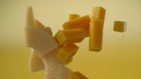  Fruits slices mango and pineapple meet and mix Stockbeeldmateriaal 81798866