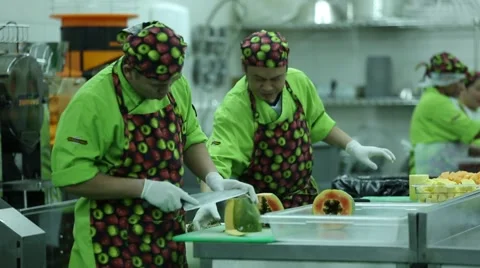 Fruits slicing Factory workers, Pineapple, Papaya, Dragon fruit Stock Footage 54671374