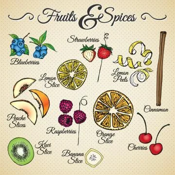 Fruits &amp; spices - hand drawn elements 스톡 일러스트