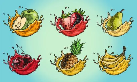 Fruits splash set color Stock Illustration