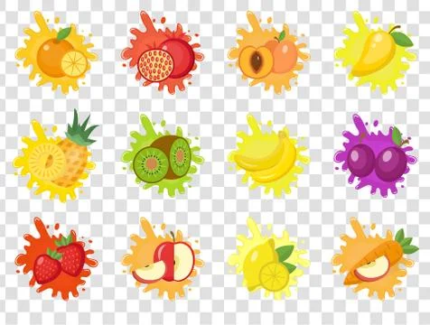 Fruits splash set of labels. Fruit splashes, drops emblem.Isolated on a trans Stock Illustration