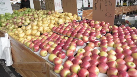Fruits stall apples pan right Stock Footage 171276906