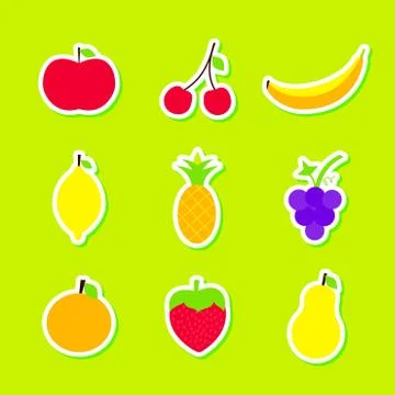 Fruits Stickers Set Vector Illustration over Green Stock-Illustration