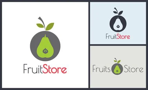 Fruits store pear and cherry modern logo set template design Stock Illustration