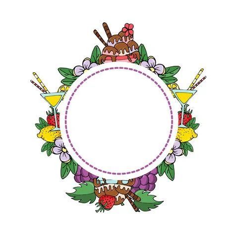 Fruits summer round frame. Sticker with sweets. Stock Illustration