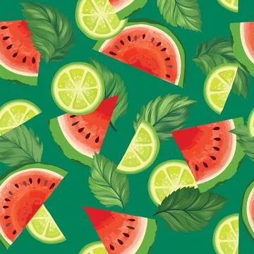 Fruits summer seamless pattern. Fresh watermelon, lime, mint sliced pieces Stock Illustration
