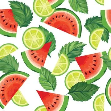 Fruits summer seamless pattern. Fresh watermelon, lime, mint sliced pieces. 스톡 일러스트