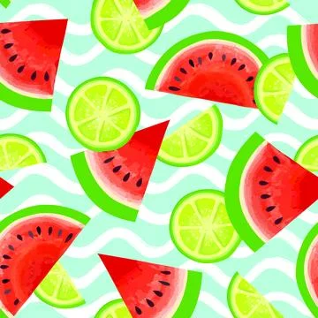 Fruits summer seamless pattern. Fresh watermelon, lime, mint slices Stock Illustration