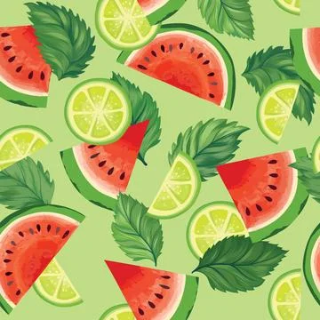 Fruits summer seamless pattern. Fresh watermelon, lime, mint sliced pieces. Stock Illustration
