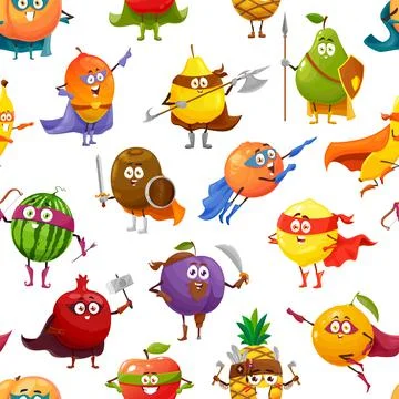 Fruits superhero characters seamless pattern Illustrazione stock