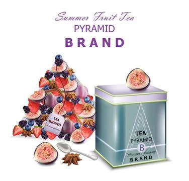 Fruits tea Vector realistic packaging. Pyramid design fresh fruits mixes fig  Stock-Illustration