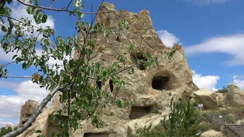 Fruits on tree and rock caves at the Goreme Open Air Museum Stock Footage 202058791