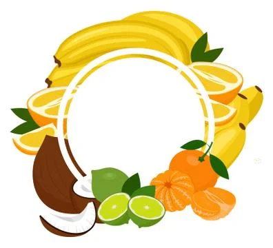 Fruits tropical background frame. Assorted fruits arranged in a circle on the Stock Illustration