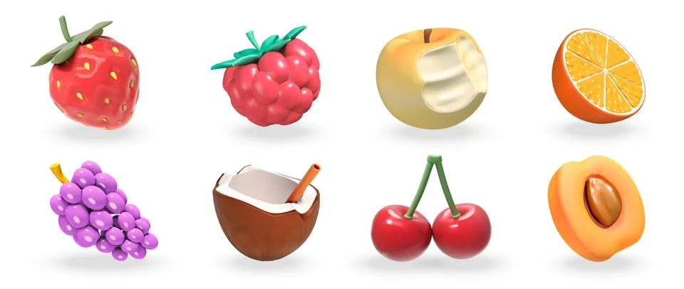 Fruits vector 3d icon set with Juicy Berries, Citrus, and Tropical Fruits Stock Illustration