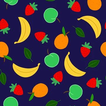 Fruits vector repeat pattern design, banana, strawberry, apple, orange Stock Illustration