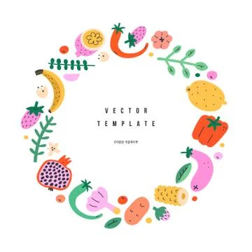 Fruits vegetables frame, circle border template with copyspace and handdrawn Stock Illustration
