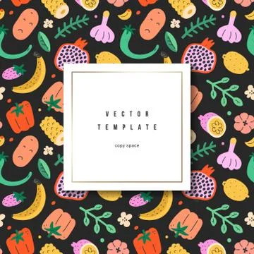 Fruits vegetables frame, vector template with copy space and hand drawn modern Stock Illustration