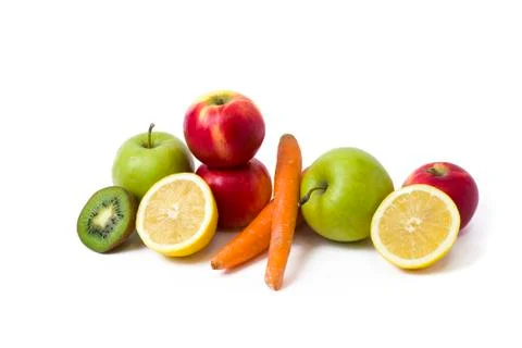 Fruits on a white background. Lemon with apples and kiwi on white background. Stock Photos