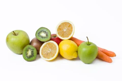 Fruits on a white background. Lemon with apples and kiwi on white background. Stock Photos