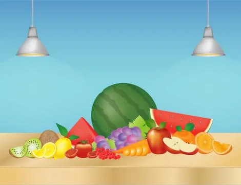 Fruits on a wood table Illustrazione stock