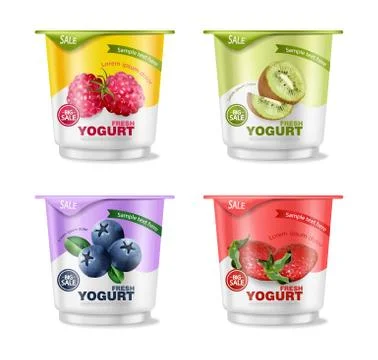 Fruits yogurt set Vector realistic. Berry, raspberry and kiwi collections Stock Illustration
