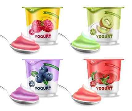 Fruits yogurt set Vector realistic. Berry, raspberry and kiwi collections Illustrazione stock