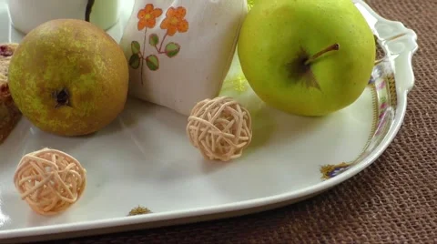 Fruity breakfast and cake on a white plate Video stock 61193897