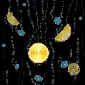 Fruity with lemon and ice cubes on a black background. Bright citrus backgrou Stock Illustration