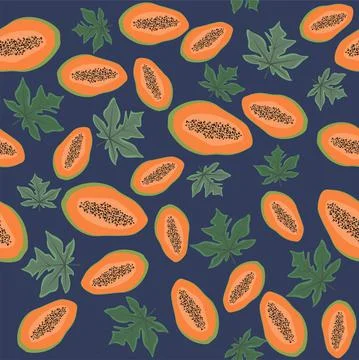 Fruity pattern with papaya and leaves . Vector illustration. Tropical fruits Stock Illustration
