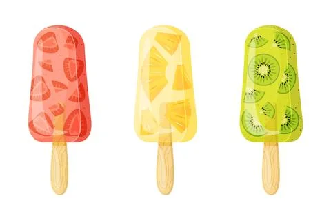 Fruity popsicles strawberry, pineapple, and kiwi. Hand drawn flat style Stock Illustration