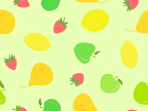 Fruity seamless pattern with apples, lemons, strawberries and pears. Tropic.. Illustrazione stock