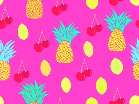 Fruity seamless pattern with pineapple, cherry and lemon. Tropical summer f.. Stock Illustration