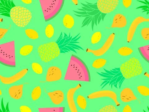 Fruity seamless pattern with pineapple, lemon, watermelon and pear on a gre.. Stock Illustration