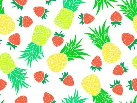 Fruity seamless pattern with pineapples and strawberries on a white backgro.. Illustrazione stock