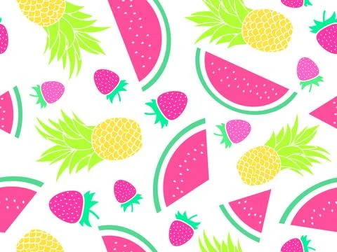 Fruity seamless pattern with watermelons, pineapples and strawberries on a .. Illustrazione stock