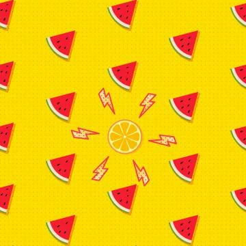 Fruity seamless vector pattern with watermelon pieces, orange with thunderbolts Illustrazione stock