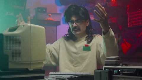 Frustrated 80s 90s Man With Computer Vintage Funny Scene Stock Footage 113635922