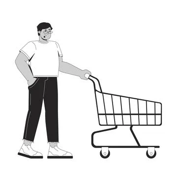 Frustrated arab man with empty shopping cart 2D line character Stock Illustration
