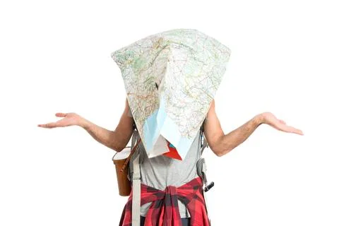 Frustrated backpacker with map over white background Fotos Stock