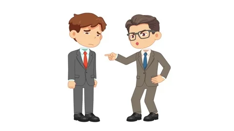 A frustrated boss points an accusing finger at a sad, dejected employee Vidéo 343897300